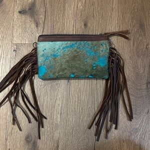 American Darling Leather Fringe Clutch with Turquoise Splash